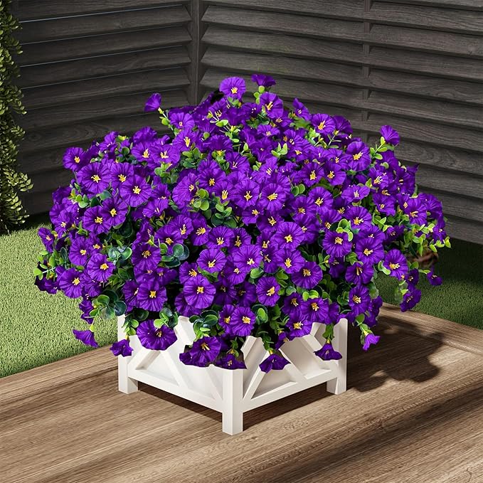 Artificial Outdoor Flowers 16 Bundles Fake Morning Glory Flower Outdoor UV Resistant Plastic Faux Flowers Plants for Decoration Indoor Outdoor Hanging Window Box Planter Home Porch Decor (Purple)