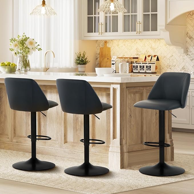 COLAMY Bar Stools Set of 4, Modern Swivel Bar Chairs, Adjustable PU Leather Upholstered Barstools Counter Height with Full Backrest for Bar, Dining Room, Kitchen Island, Black