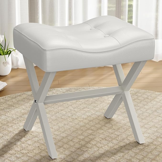 18-Inch Large Leather Vanity Stool, Vanity Chair with Metal X-Leg, Ottoman Accent Stool with Thick Padded Saddle Seat, White