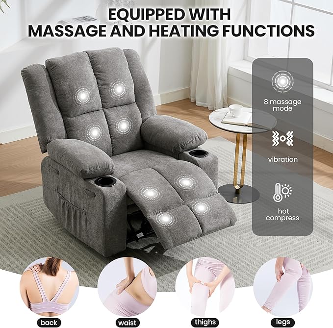 Manual Recliner Chair with Heating & Massage,Ergonomic Overstuffed Breathable Fabric Reclining Chair with Side Pockets,Q235 Steel Frame Lazy Boy Recliner Single Sofa for Living Room Bedroom