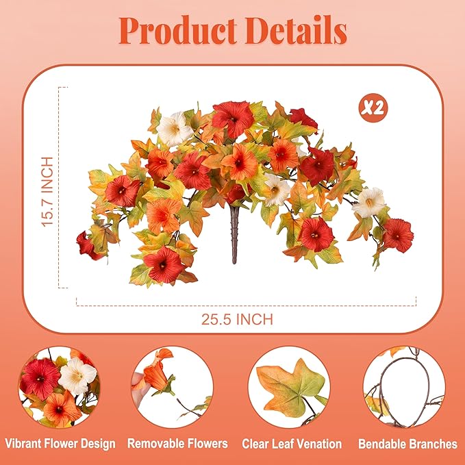 Fall Flowers Artificial for Decoration Fake Petunias Plants for Outdoor, 2PCS Autumn Silk Faux Flower UV Resistant No Fade Floral for Garden Balcony Yard Porch Realistic Indoor Decor (Orange White)