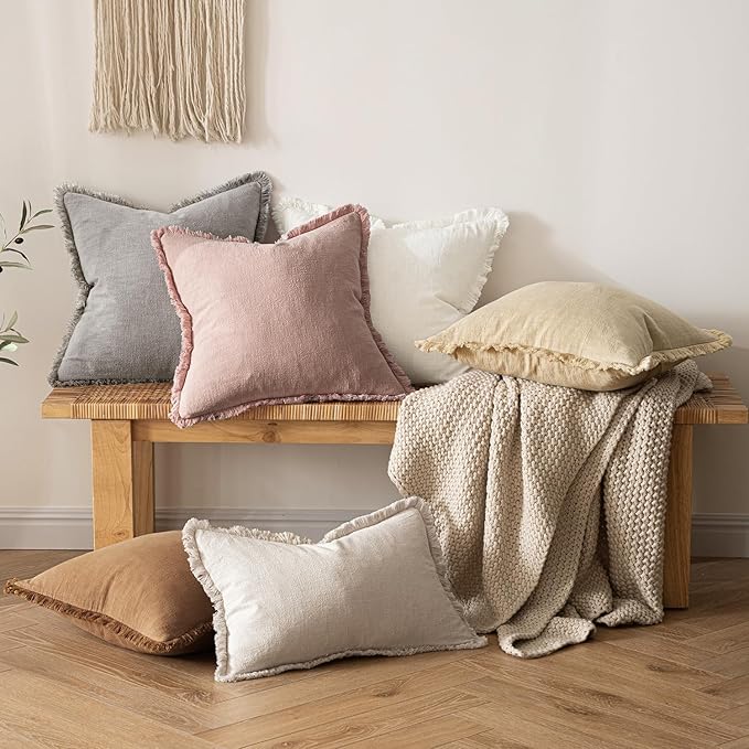 MIULEE Decorative Throw Pillow Covers Neutral Linen Fringe Throw Pillows Set of 2 Pink Boho Farmhouse Cushion Covers with Tassels for Couch Sofa Bed Living Room Spring Home Decor 20x20 Inch