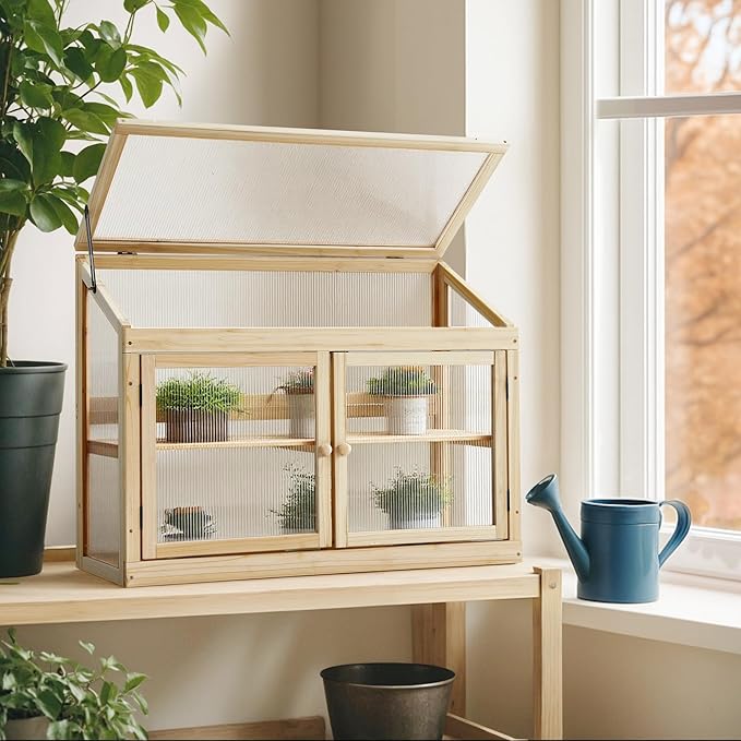 MCombo 2-Tier Wooden Cold Frame Garden Greenhouse Raised Flower Planter Shelf Bed Protection 6057-0160 (Natural)