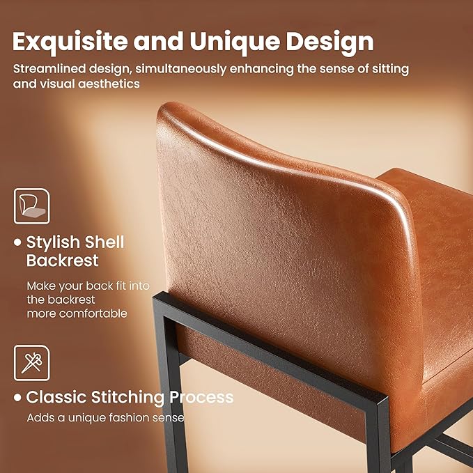 PHI VILLA Brown Bar Stools Set of 6, Counter Height Bar Stool Faux Leather Barstools with Back, 24 inch Kitchen Bar Chairs