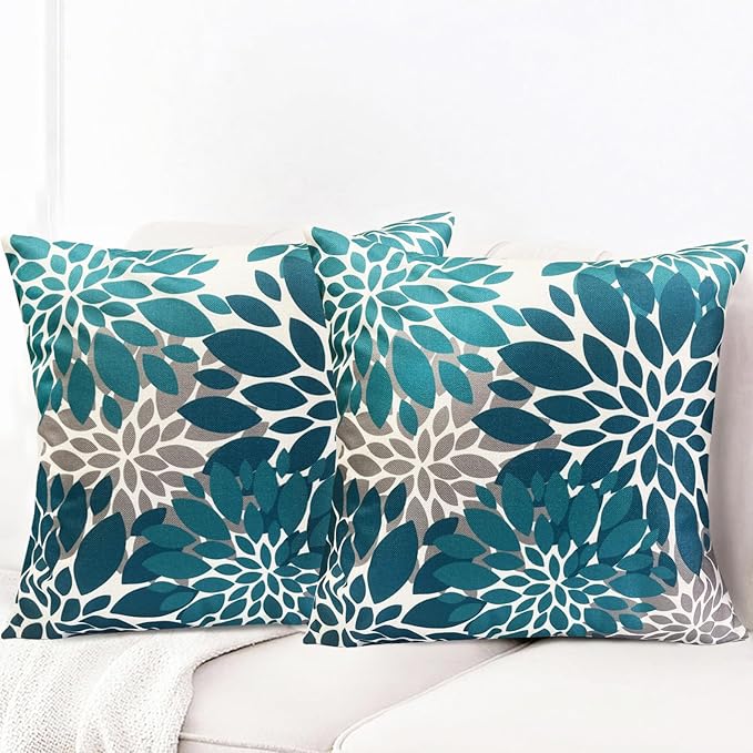 Decorative Throw Pillow Covers Set of 2 Teal Blue Pillow Covers 18x18 Inch Couch Pillow Covers for Sofa Living Room Outdoor Throw Pillow Cover Linen Floral Flower Farmhouse Pillowcase