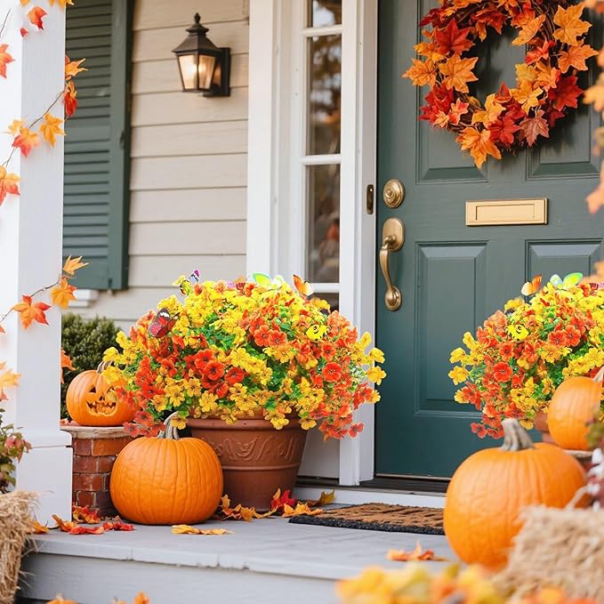 ‌20 Bundles Artificial Flowers for Outdoors‌ with 6 Faux Butterflies, UV Resistant ‌Fake Flowers‌ with Eucalyptus Leaves, ‌Artificial Plants Outdoor‌ for Patio Garden Porch Home Decor (Orange Yellow)