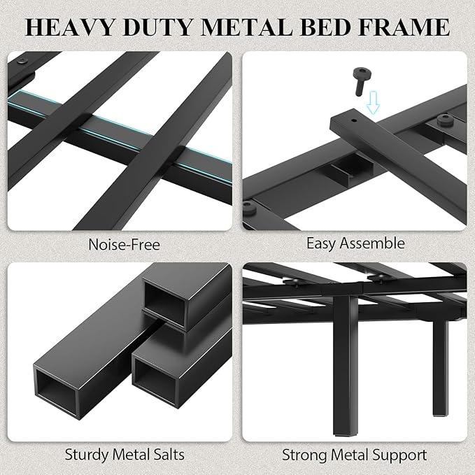 Full Size Bed Frame with Storage Headboard, Industrial Platform Bed with Charging Station and LED Lights, Heavy Duty Metal Slats, No Box Spring Need, Noise Free, Grey
