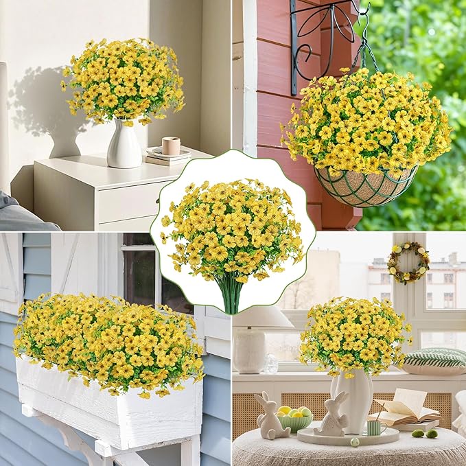 20 Bundles Artificial Flowers for Outdoors Decoration Fake Silk Flowers UV Resistant Faux Plants Artificial Daisy Eucalyptus for Spring Summer Garden Yard Porch Window Home Decor, Yellow