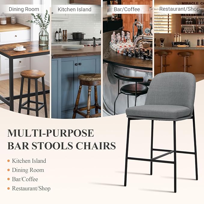 COLAMY Counter Height Bar Stools Set of 2, 25 Inch Modern Fabric Kitchen Island Stools with Back, Upholstered Counter Barstools Armless Bar Chairs with Metal Legs for Island Dining Room Bar,Dark Grey