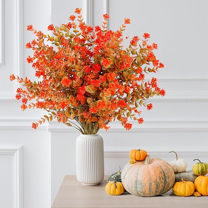 Sggvecsy 24 Bundles Artificial Flower Fall Eucalyptus Plants Fake Bushes Boxwood Shrubs Outdoor Greenery UV Resistant Faux Plastic Plants for Home Garden Indoor Fall Thanksgiving Autumn Decor (Fall)