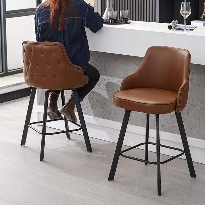 Bar Stools Set of 3, 26" Swivel Counter Height Bar Stools with High Back, Faux Leather Kitchen Barstools Counter Height for Kitchen Island (Dark Brown, 3PCS 26" Counter Stools)