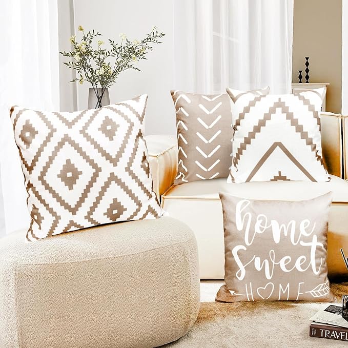 Decorative Throw Pillow Covers Set of 4 Light Khaki Pillow Covers 22x22 inch Throw Pillow Cases Linen Square Pillow Case,Farmhouse Outdoor Geometric Pillow Covers for Couch Sofa Living Room