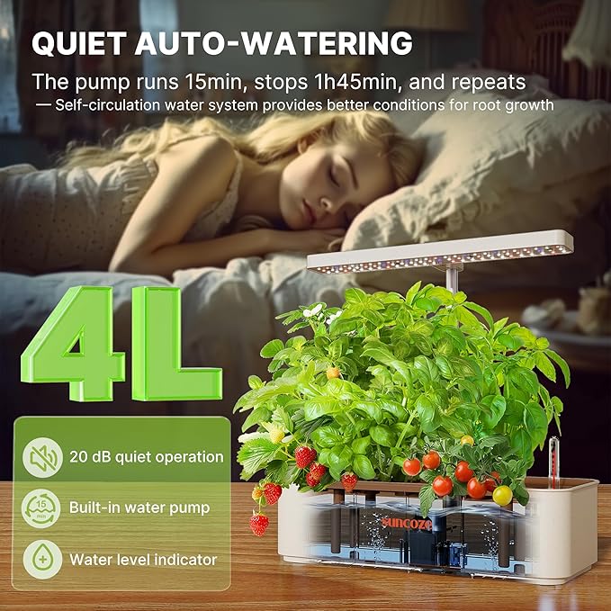 SUNCOZE Hydroponics Growing System Kit 12 Pods, 24W LED Grow Light Indoor Garden, 4L Water Tank with Quiet Pump, Adjustable Height Herb Garden Planter Indoor Kit, Gardening Gifts, Beige