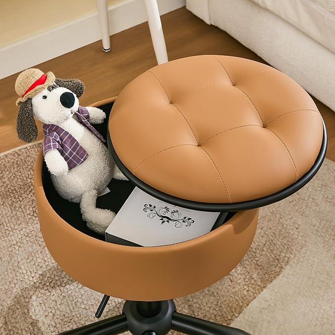 Vanity Stool with Wheels (Chair & Small Table in One) (Adjustable Height Stool 20.67"-24.61"), Caramel Brown Rolling Chair with Storage