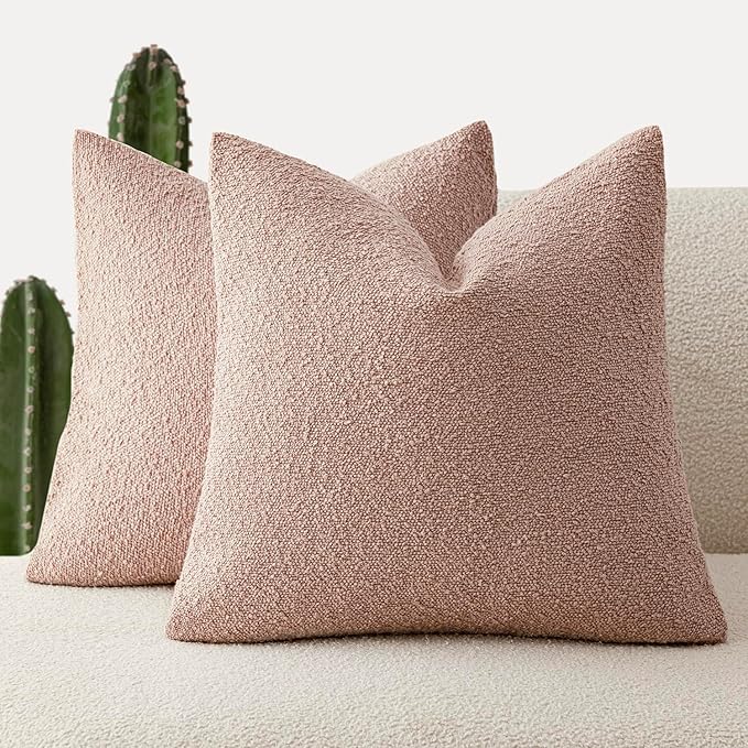 Foindtower Set of 2, Decorative Textured Boucle Throw Pillow Covers Accent Solid Pillow Cases Neutral Soft Couch Cushion Case for Chair Sofa Bedroom Living Room Home Decor 24 x 24 Inch Light Pink