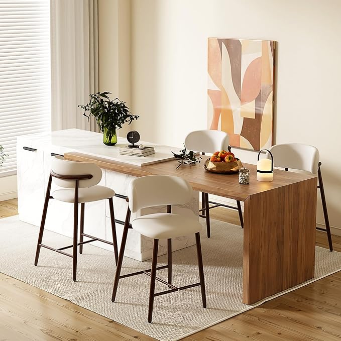 Bar Stools Set of 4 Counter Height Barstool Metal Kitchen Counter Height Bar Stool Island Chairs 26 Inch, Walnut/Cream White