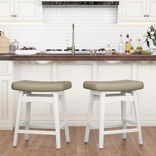 PHI VILLA Bar Stools Set of 2 - Solid Wood Legs Counter Height Barstools with Upholstered Saddle Seat, 24 inch Kitchen Counter Island Stools