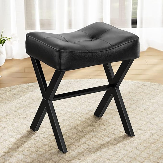 18-Inch Leather Vanity Stool Chair, Vanity Bench with Metal X-Leg, Ottoman Accent Stool with Thick Padded Saddle Seat, Black