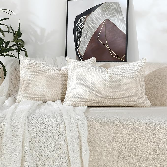 Stellhome Pack of 2 Woven Textured Decorative Throw Pillow Covers Soft Chenille Accent Luxury Cushion Cases for Living Room Couch Bed Sofa Farmhouse Boho Home, 12x20 inch, Cream