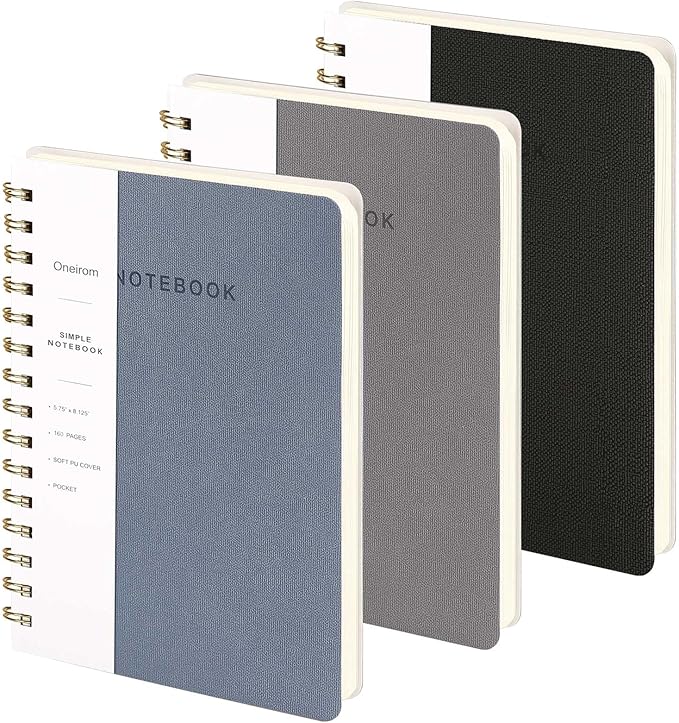 Lined Spiral Notebook College Ruled A5 Journal Book for Note Taking, 160 Pages Writing Journal for Office and Home School Supplies 5.75x8.125 inch (3pack-ReefBlue/Grey/Black)