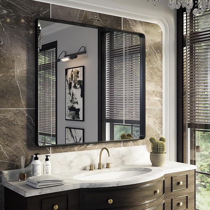 ISKM Black Bathroom Mirror for Wall 40" x 36" Matte Black Framed Vanity Mirror, Shatter-Proof, Tempered Glass, Rounded Rectangle Mirror(Horizontal/Vertical)