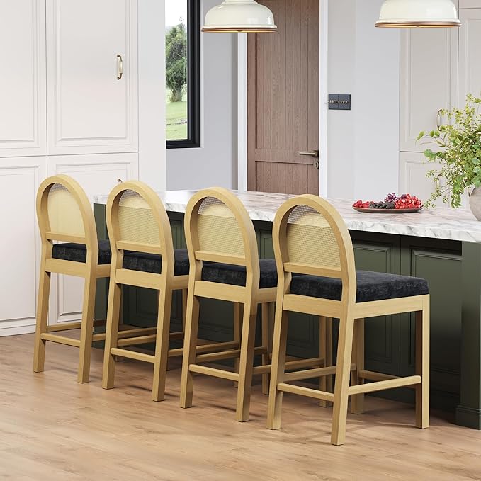 STHOUYN Upholstered Rattan Bar Stools Set of 4, Wooden Counter Height Stools with Natural Rattan Woven Back and Chenille Seat, Mid-Century Modern Island Chairs Barstools for Kitchen (4, Black)