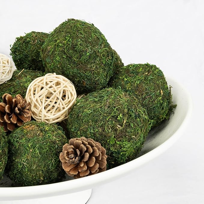 NAHARO Elegant Ceramic Bowl with Moss Ball Set-13.2x10.5 Decorative Bowl with 18pc Decorative Balls for Farmhouse Table Centerpiece, Living Room or Home Decor