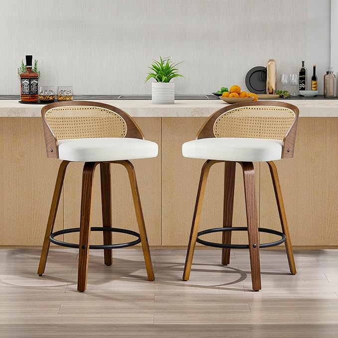26 inch Swivel Bar Stools with Back, Set of 2 Mid-Century Modern Walnut Barstools, White PU Leather Bar Chairs with Footrest for Kitchen Island, Dining Room, Home Bar