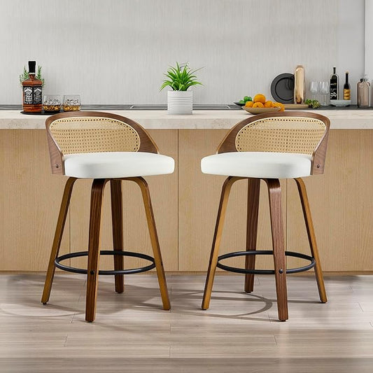 26 inch Swivel Bar Stools with Back, Set of 2 Mid-Century Modern Walnut Barstools, White PU Leather Bar Chairs with Footrest for Kitchen Island, Dining Room, Home Bar