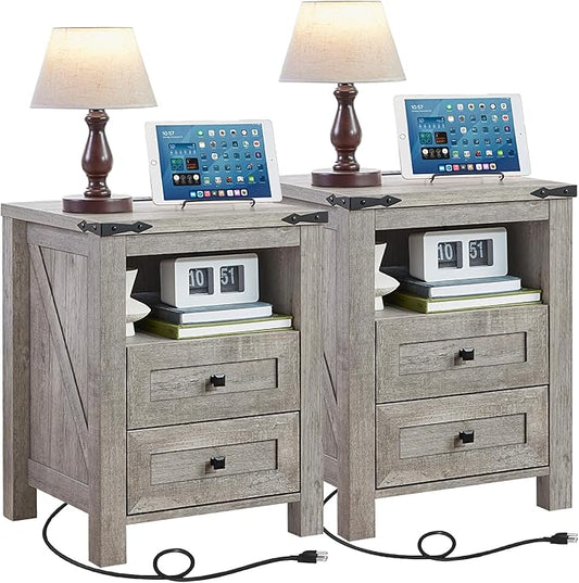 Nightstands Set of 2 with Charging Station, Farmhouse Night Stand with 2 Drawers and Shelf Storage, Wooden Side End Table, Bedside Cabinet for Bedroom, Living Room, Closet,Office (Grey)