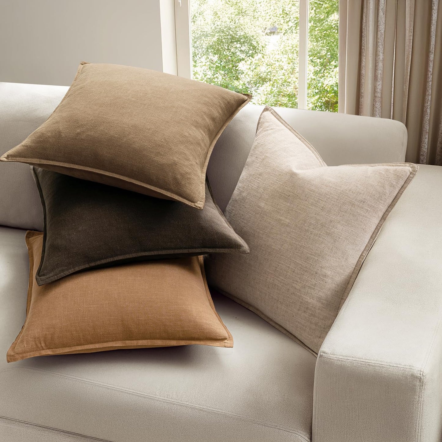 MIULEE Neutral Brown Linen Pillow Covers Pack of 4 Decorative Nautral Solid Fall Throw Pillow Covers Soft Accent Boho Farmhouse Couch Pillowcases Modern Home Decor for Living Room Bed Sofa 18x18 Inch