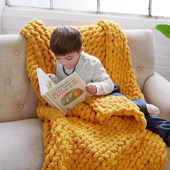 clootess Chunky Knit Blanket Knitted Throw Crochet Chenille Yarn Woven for Bed Sofa Textured Thick Cable Decor (Turmeric 40x60 in)