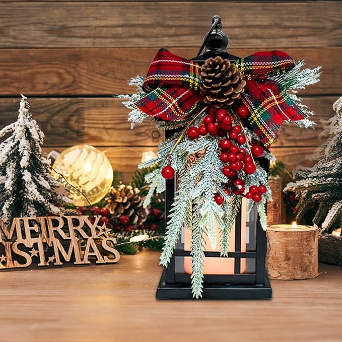 Christmas Decorative Lantern w/LED Flickering Flameless Candle - 14 Inch, Antiqued Vintage Lantern with Xmas Ornament for Outside Indoor Table Holiday Party Decoration