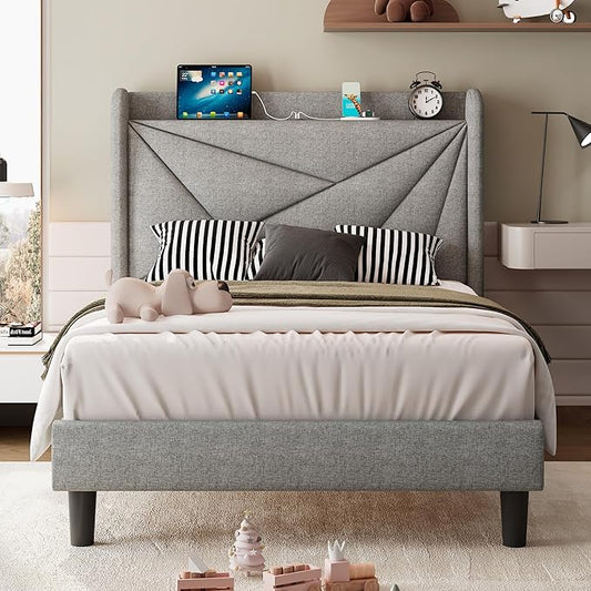 iPormis Twin Size Bed Frame with Charging Station, Linen Platform Bed Frame with Wingback Headboard Upholstered Bedframe, Solid Wood Slats Support, No Box Spring Needed, Easy Assembly, Light Grey