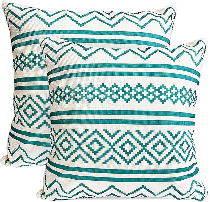 Decorative Throw Pillow Covers Set of 2 Teal Blue Boho Pillow Covers 18x18 Inch Throw Pillow Cover Linen Pillowcase Modern Farmhouse Outdoor Pillow Covers for Couch Sofa Bed Living Room