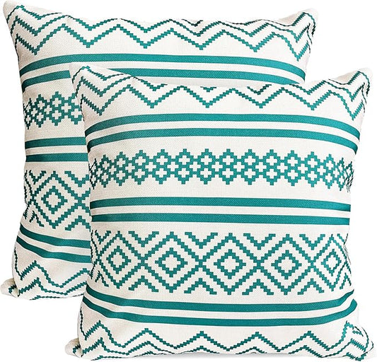 Decorative Throw Pillow Covers Set of 2 Teal Blue Boho Pillow Covers 18x18 Inch Throw Pillow Cover Linen Pillowcase Modern Farmhouse Outdoor Pillow Covers for Couch Sofa Bed Living Room