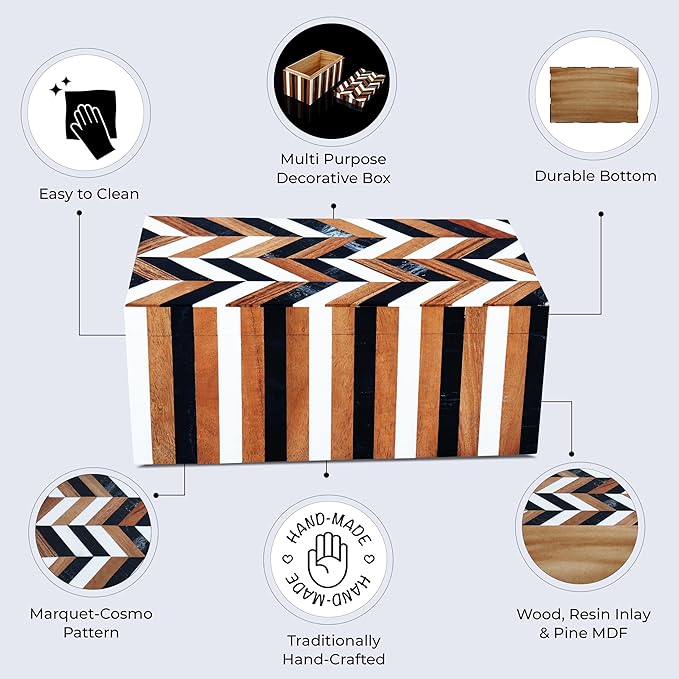 Handicrafts Home Handmade Decorative Storage Box with Lid- Jewelry Storage, Memory Keepsake, Gift Box for Women, Marquet Cosmo Pattern, Resin Inlay & Wood-Modern Decor Cajas Organizadora-10X5X5 Inch