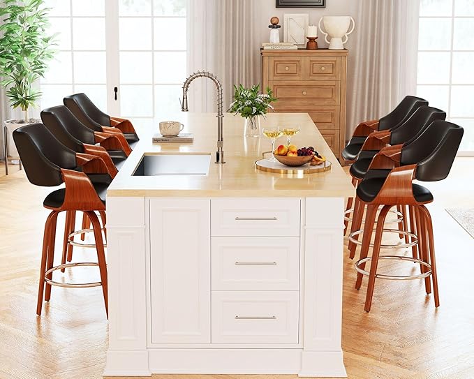 26’’ Modern Barrel Swivel Counter Stools Counter Height Swivel Bar Stools with Backs Set of 6 Black Faux Leather Upholstered Bar Height Island Chairs, Farmhouse Walnut Wood Barstool for Kitchen Island