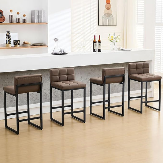 Counter Height Bar Stools Set of 4, Upholstered Barstools with Back, Bar Chairs with Thickened Metal Legs, PU Leather Counter Stools for Kitchen Island (Coffee Brown, 4Pcs 26" Bar Stools)