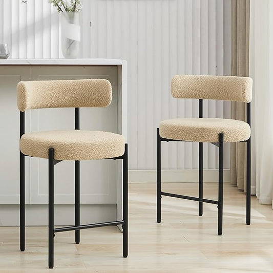 24'' Boucle Bar Stools Set of 2, Beige Bar Stools with Backs, Counter Height Bar Height Stools for Kitchen Island, Upholstered Bar Chairs