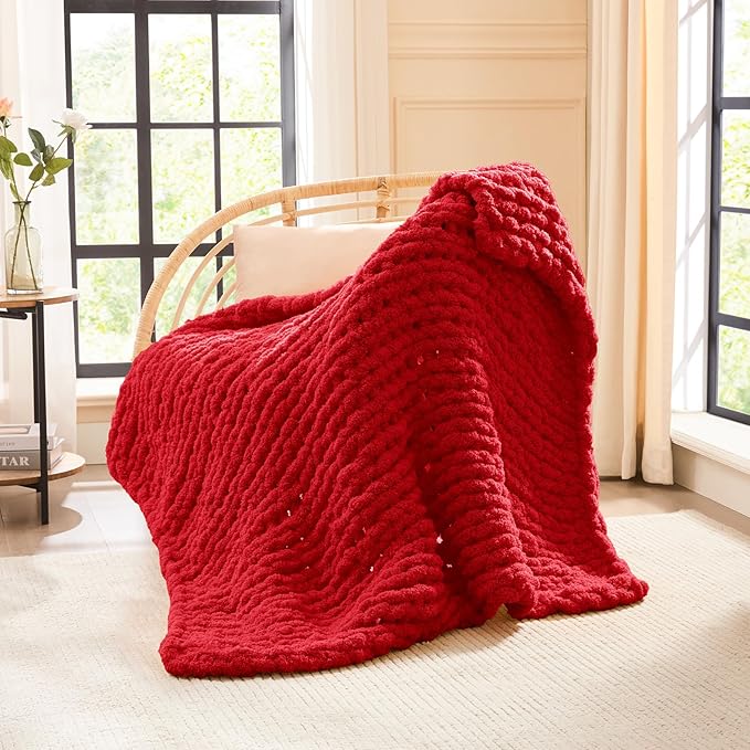 L'AGRATY Chunky Knit Blanket Throw - Soft Chunky Throw Blankets 40x50: 100% Hand Kintted Chenile Crochet Large Cable Knit Blanket - Rope Knot Throw Blankets for Couch Home Decor(Red)