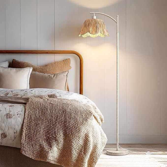Oneach Rattan Floor Lamp for Living Room with 3 Color Temperatures, Boho Floor Lamp for Bedroom with Remote & Dimmable Bulb, Farmhouse Standing Lamp for Reading, Antique White