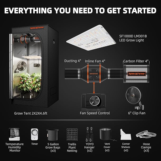 Spider Farmer Grow Tent Kit 2x2x5ft Complete System, SF1000D Samsung Diodes Full Spectrum LED Grow Light 24"X24"X55" Indoor 1680D Mylar Tent with 4" Ventilation System & 6'' Clip Fan