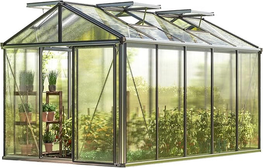 Greenhouse Diamas 23 Premium 7.7 x 12.6 ft with Approx. 16 mm Polycarbonate Panels, Natural Aluminum Color, with 2 Automatic Vent Openers