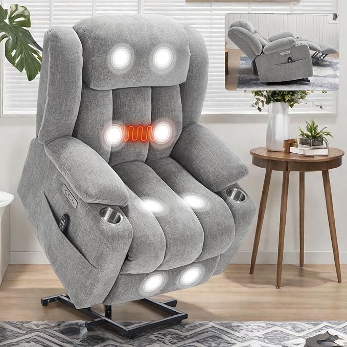 Power Lift Recliner Chair, USB/Type-C Ports & Cup Holders, Heavy Duty Chenille Recliner for Elderly, Light Grey