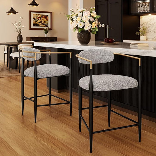 Morden Fort Counter Height Bar Stools Set of 2, Modern Upholstered Counter Stools with Gold Arms and Black Metal Legs, 26" Island Chairs for Kitchen and Home Bar