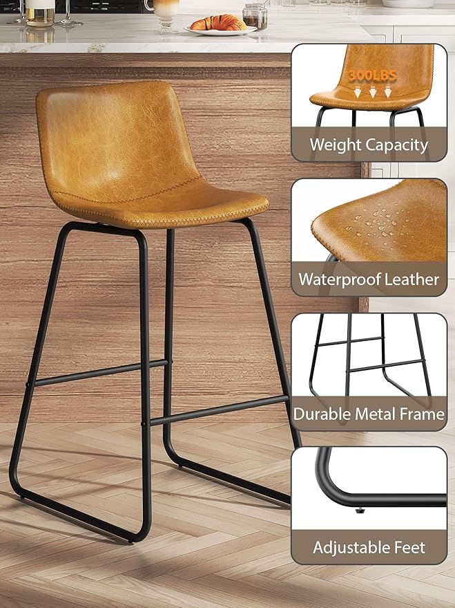 Bar Stools Set of 6, 26 Inches Counter Height Bar Stools with Back, Modern Faux Leather Barstools with Metal Legs and Footrest, Bar Chairs for Kitchens Island (Whiskey Brown)
