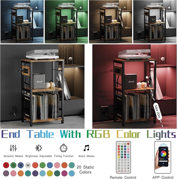 End Table with LED Light,Record Player Stand with Charging Station,Vinyl Records Storage,Turntable Stand Albums Storage for Music Room Studio-Modern Brown