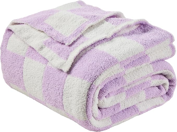 JOOJA Soft Cozy Checkerboard Lilac Fluffy Knit Throw Blanket for Couch Plaid Checkered Blanket Lilac 60x80 in