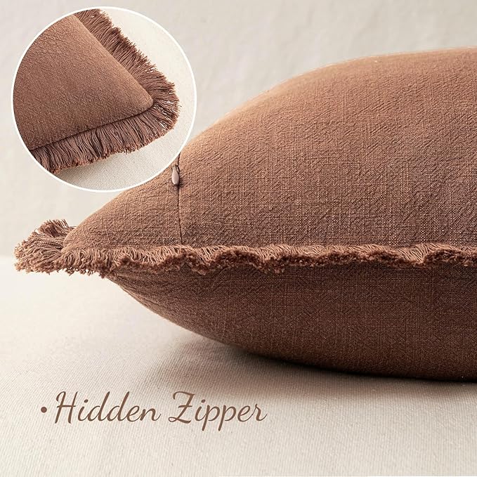 MIULEE Decorative Lumbar Throw Pillow Covers Neutral Linen Fringe Throw Pillows Set of 2 Brick Boho Farmhouse Cushion Covers with Tassels for Couch Sofa Bed Living Room Spring Home Decor 12x20 Inch